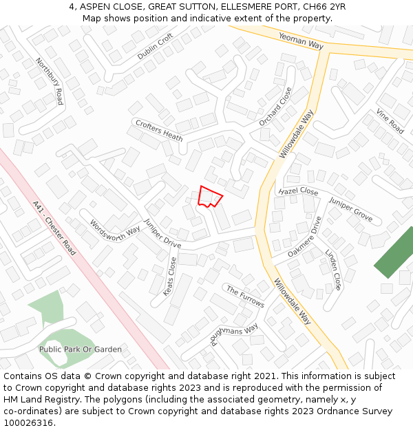 4, ASPEN CLOSE, GREAT SUTTON, ELLESMERE PORT, CH66 2YR: Location map and indicative extent of plot