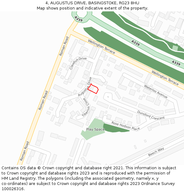 4, AUGUSTUS DRIVE, BASINGSTOKE, RG23 8HU: Location map and indicative extent of plot