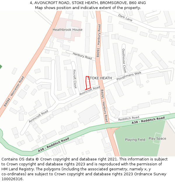 4, AVONCROFT ROAD, STOKE HEATH, BROMSGROVE, B60 4NG: Location map and indicative extent of plot