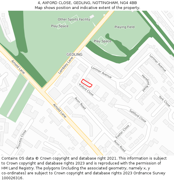4, AXFORD CLOSE, GEDLING, NOTTINGHAM, NG4 4BB: Location map and indicative extent of plot