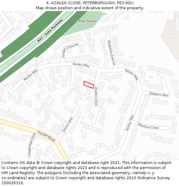 4, AZALEA CLOSE, PETERBOROUGH, PE3 9QU: Location map and indicative extent of plot