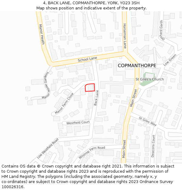 4, BACK LANE, COPMANTHORPE, YORK, YO23 3SH: Location map and indicative extent of plot
