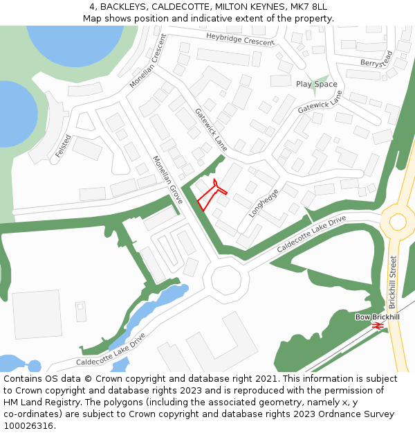 4, BACKLEYS, CALDECOTTE, MILTON KEYNES, MK7 8LL: Location map and indicative extent of plot
