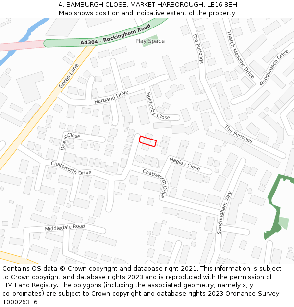 4, BAMBURGH CLOSE, MARKET HARBOROUGH, LE16 8EH: Location map and indicative extent of plot