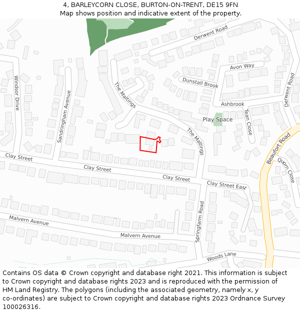 4, BARLEYCORN CLOSE, BURTON-ON-TRENT, DE15 9FN: Location map and indicative extent of plot