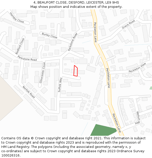 4, BEAUFORT CLOSE, DESFORD, LEICESTER, LE9 9HS: Location map and indicative extent of plot