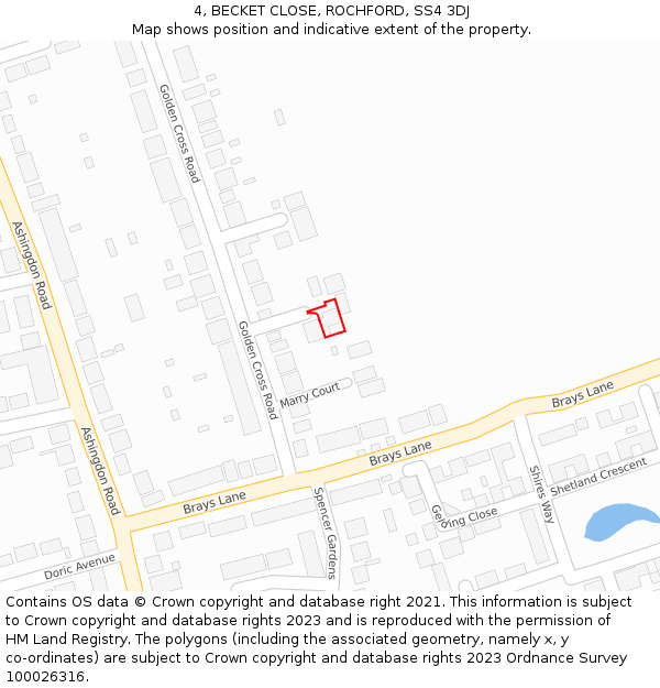 4, BECKET CLOSE, ROCHFORD, SS4 3DJ: Location map and indicative extent of plot