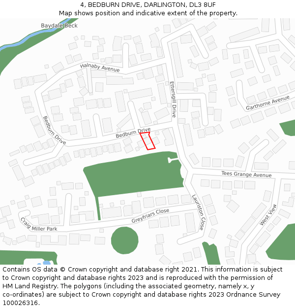 4, BEDBURN DRIVE, DARLINGTON, DL3 8UF: Location map and indicative extent of plot