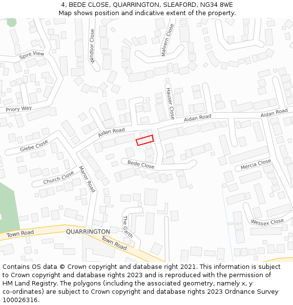 4, BEDE CLOSE, QUARRINGTON, SLEAFORD, NG34 8WE: Location map and indicative extent of plot