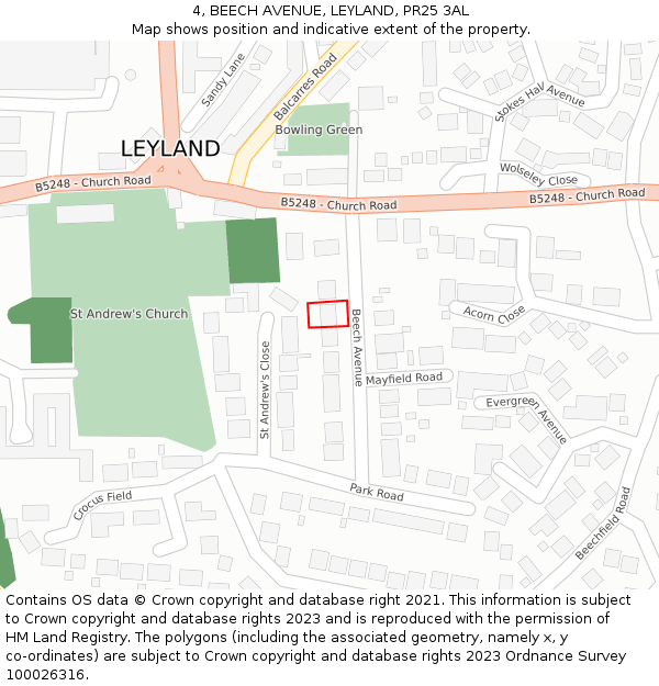 4, BEECH AVENUE, LEYLAND, PR25 3AL: Location map and indicative extent of plot