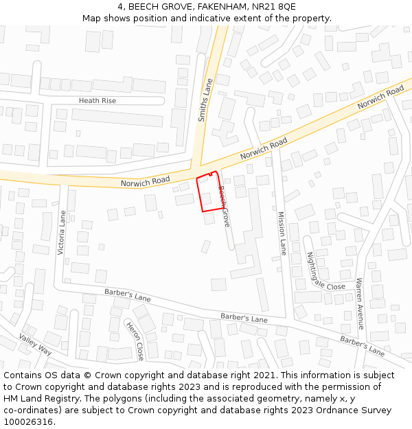 4, BEECH GROVE, FAKENHAM, NR21 8QE: Location map and indicative extent of plot