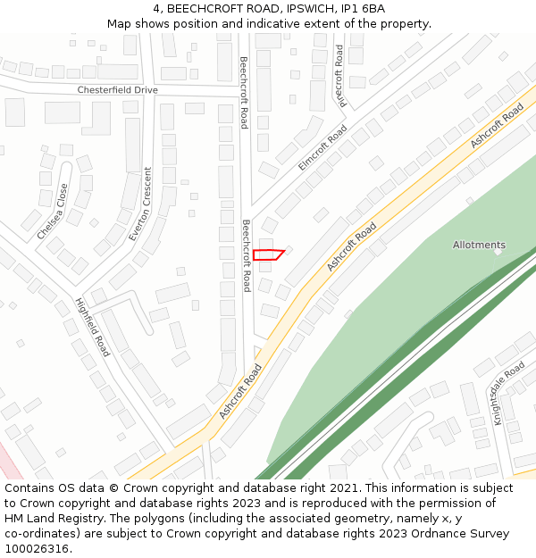 4, BEECHCROFT ROAD, IPSWICH, IP1 6BA: Location map and indicative extent of plot