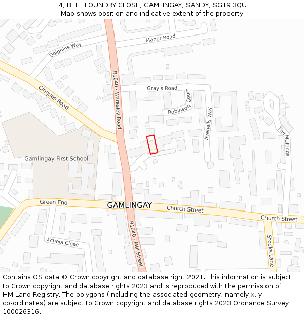 4, BELL FOUNDRY CLOSE, GAMLINGAY, SANDY, SG19 3QU: Location map and indicative extent of plot