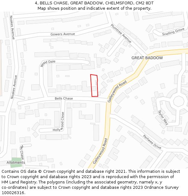 4, BELLS CHASE, GREAT BADDOW, CHELMSFORD, CM2 8DT: Location map and indicative extent of plot
