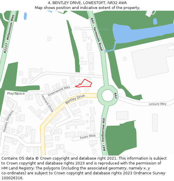 4, BENTLEY DRIVE, LOWESTOFT, NR32 4WA: Location map and indicative extent of plot
