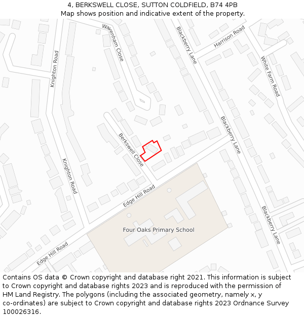4, BERKSWELL CLOSE, SUTTON COLDFIELD, B74 4PB: Location map and indicative extent of plot