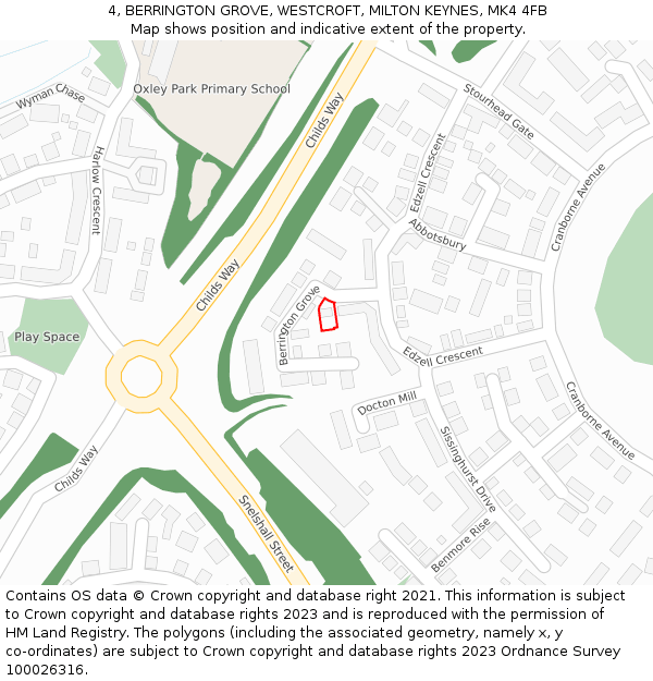 4, BERRINGTON GROVE, WESTCROFT, MILTON KEYNES, MK4 4FB: Location map and indicative extent of plot