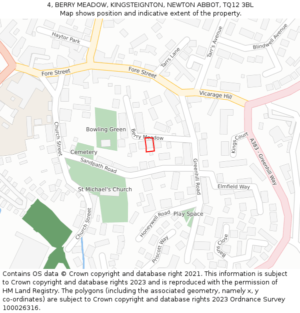 4, BERRY MEADOW, KINGSTEIGNTON, NEWTON ABBOT, TQ12 3BL: Location map and indicative extent of plot