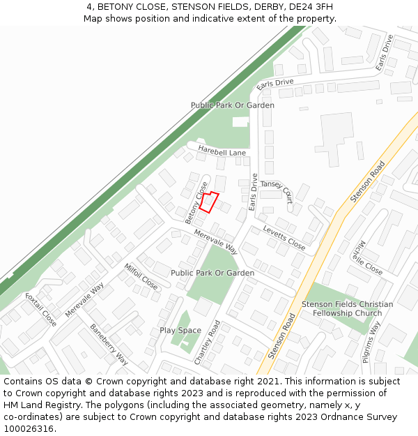 4, BETONY CLOSE, STENSON FIELDS, DERBY, DE24 3FH: Location map and indicative extent of plot