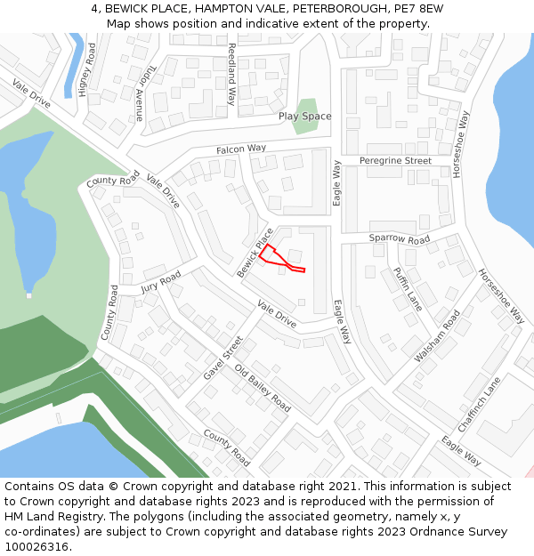 4, BEWICK PLACE, HAMPTON VALE, PETERBOROUGH, PE7 8EW: Location map and indicative extent of plot