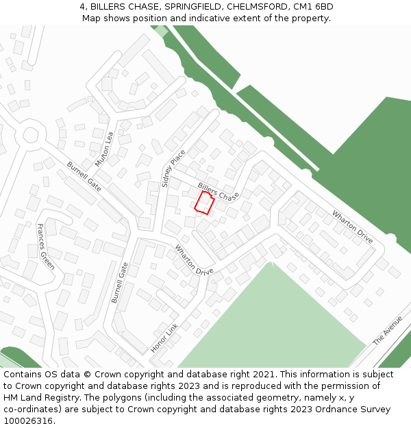 4, BILLERS CHASE, SPRINGFIELD, CHELMSFORD, CM1 6BD: Location map and indicative extent of plot
