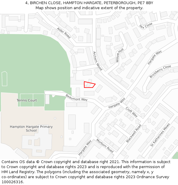 4, BIRCHEN CLOSE, HAMPTON HARGATE, PETERBOROUGH, PE7 8BY: Location map and indicative extent of plot