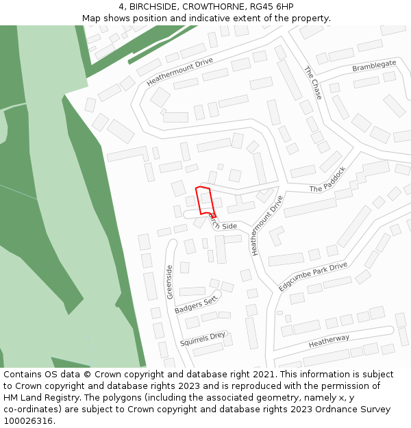 4, BIRCHSIDE, CROWTHORNE, RG45 6HP: Location map and indicative extent of plot