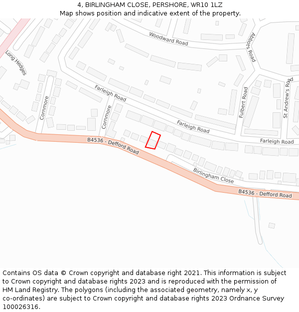 4, BIRLINGHAM CLOSE, PERSHORE, WR10 1LZ: Location map and indicative extent of plot