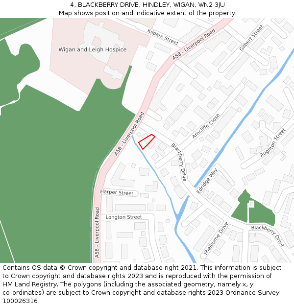 4, BLACKBERRY DRIVE, HINDLEY, WIGAN, WN2 3JU: Location map and indicative extent of plot