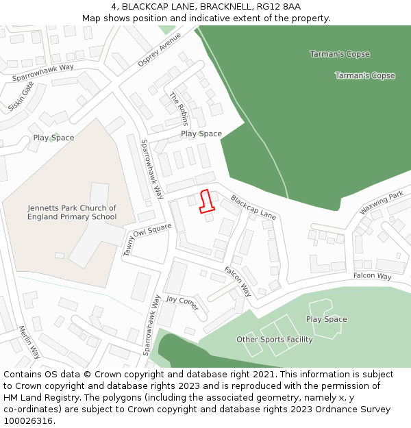 4, BLACKCAP LANE, BRACKNELL, RG12 8AA: Location map and indicative extent of plot