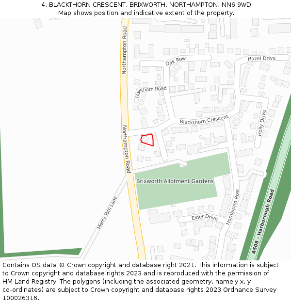 4, BLACKTHORN CRESCENT, BRIXWORTH, NORTHAMPTON, NN6 9WD: Location map and indicative extent of plot