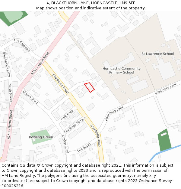 4, BLACKTHORN LANE, HORNCASTLE, LN9 5FF: Location map and indicative extent of plot