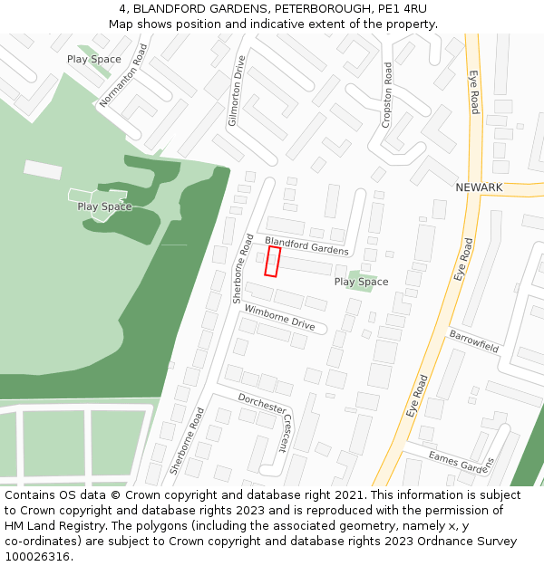 4, BLANDFORD GARDENS, PETERBOROUGH, PE1 4RU: Location map and indicative extent of plot