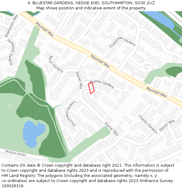 4, BLUESTAR GARDENS, HEDGE END, SOUTHAMPTON, SO30 2UZ: Location map and indicative extent of plot