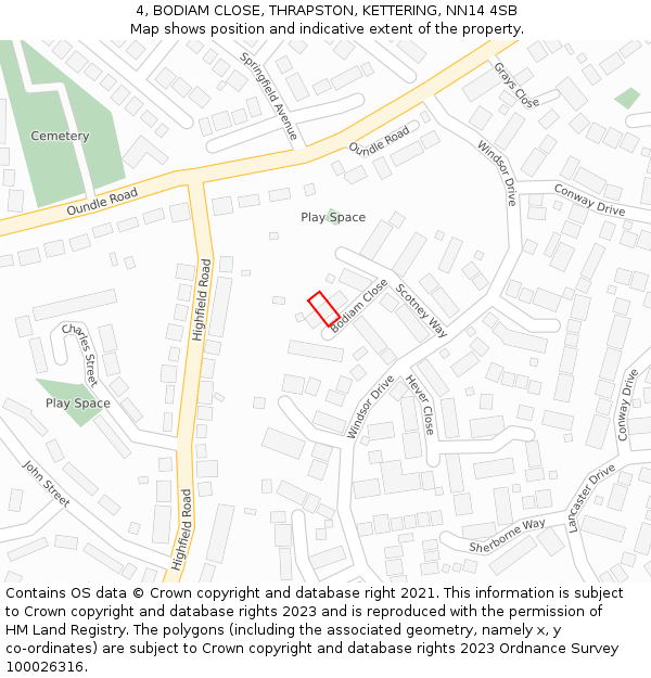 4, BODIAM CLOSE, THRAPSTON, KETTERING, NN14 4SB: Location map and indicative extent of plot