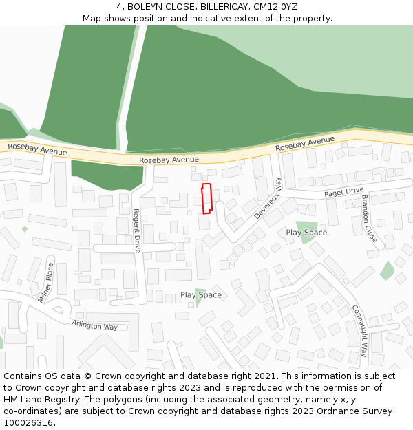 4, BOLEYN CLOSE, BILLERICAY, CM12 0YZ: Location map and indicative extent of plot