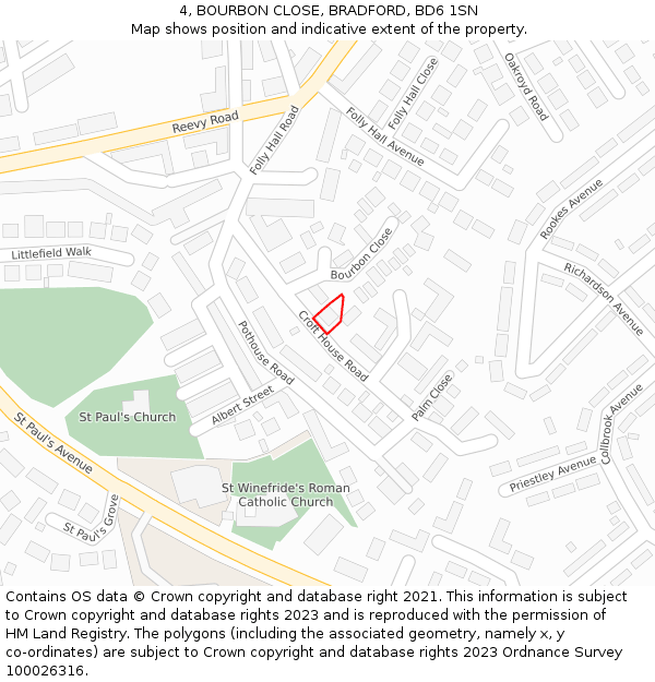 4, BOURBON CLOSE, BRADFORD, BD6 1SN: Location map and indicative extent of plot