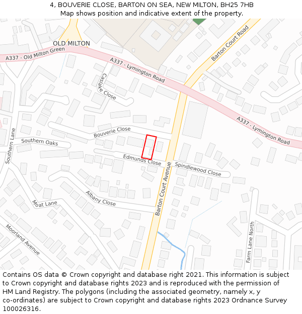 4, BOUVERIE CLOSE, BARTON ON SEA, NEW MILTON, BH25 7HB: Location map and indicative extent of plot