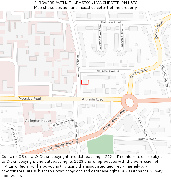 4, BOWERS AVENUE, URMSTON, MANCHESTER, M41 5TG: Location map and indicative extent of plot
