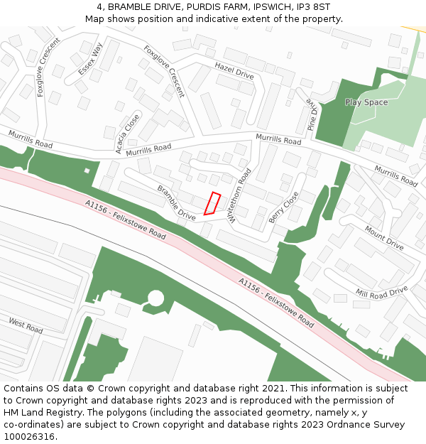 4, BRAMBLE DRIVE, PURDIS FARM, IPSWICH, IP3 8ST: Location map and indicative extent of plot