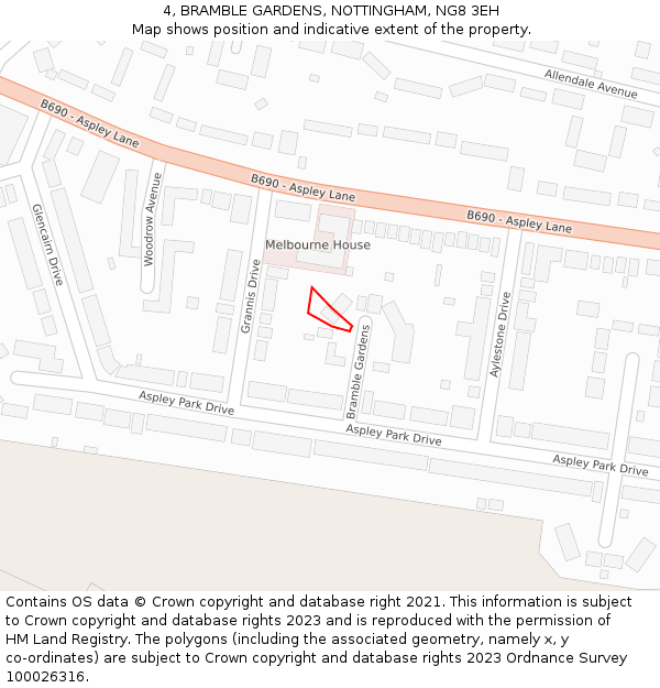 4, BRAMBLE GARDENS, NOTTINGHAM, NG8 3EH: Location map and indicative extent of plot