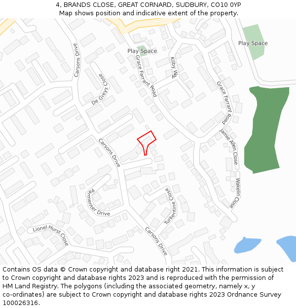4, BRANDS CLOSE, GREAT CORNARD, SUDBURY, CO10 0YP: Location map and indicative extent of plot