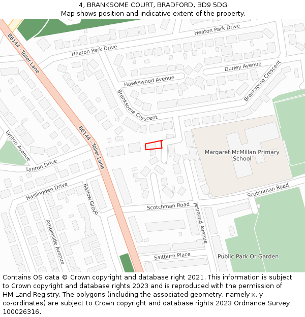 4, BRANKSOME COURT, BRADFORD, BD9 5DG: Location map and indicative extent of plot