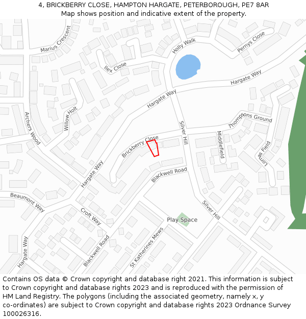 4, BRICKBERRY CLOSE, HAMPTON HARGATE, PETERBOROUGH, PE7 8AR: Location map and indicative extent of plot