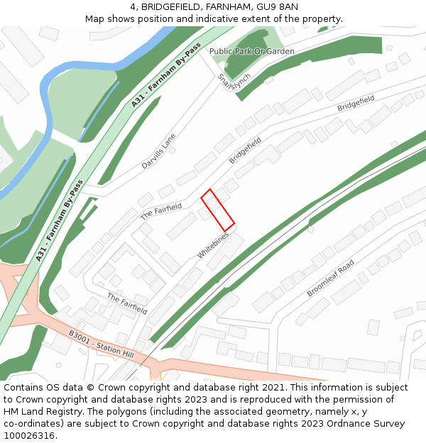 4, BRIDGEFIELD, FARNHAM, GU9 8AN: Location map and indicative extent of plot