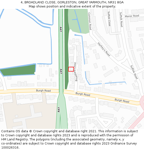4, BROADLAND CLOSE, GORLESTON, GREAT YARMOUTH, NR31 8GA: Location map and indicative extent of plot