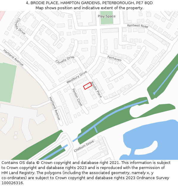 4, BRODIE PLACE, HAMPTON GARDENS, PETERBOROUGH, PE7 8QD: Location map and indicative extent of plot