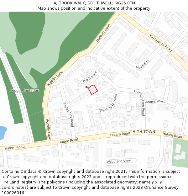 4, BROOK WALK, SOUTHWELL, NG25 0FN: Location map and indicative extent of plot
