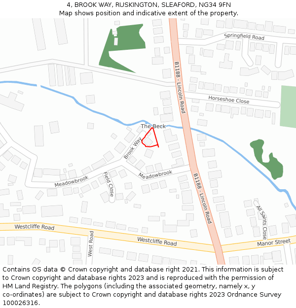 4, BROOK WAY, RUSKINGTON, SLEAFORD, NG34 9FN: Location map and indicative extent of plot