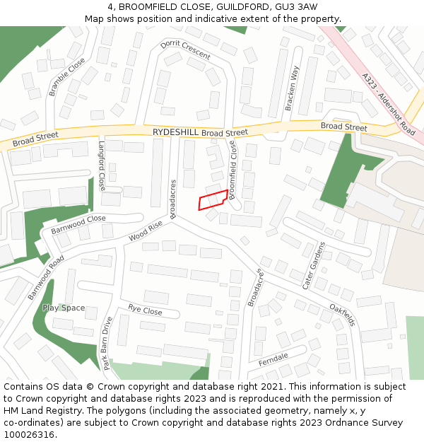 4, BROOMFIELD CLOSE, GUILDFORD, GU3 3AW: Location map and indicative extent of plot